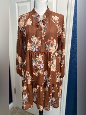 American Eagle Outfitters Brown Floral Tiered Long Sleeve Dress
